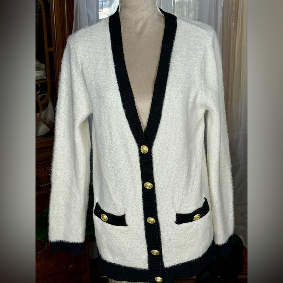 Tahari Sweaters - Tahari White and Black Women's Fuzzy Sweater